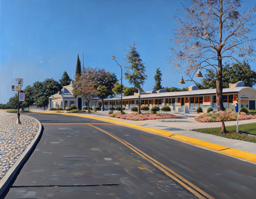 Tranquil street scene with curved yellow centerline, pink bushes, and blue sky