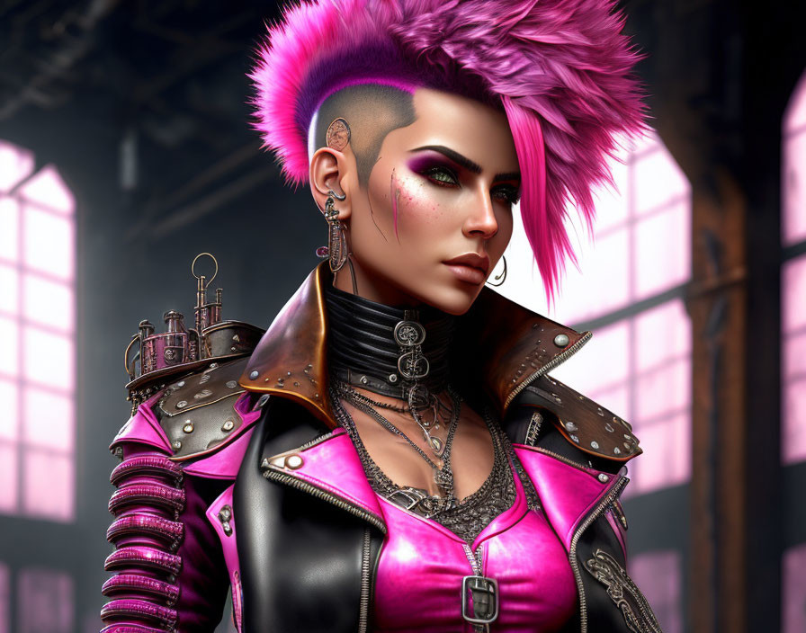 Digital artwork featuring woman with pink mohawk & punk leather outfit