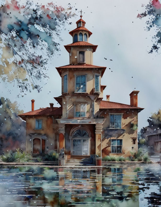 Vintage house with tower in watercolor painting