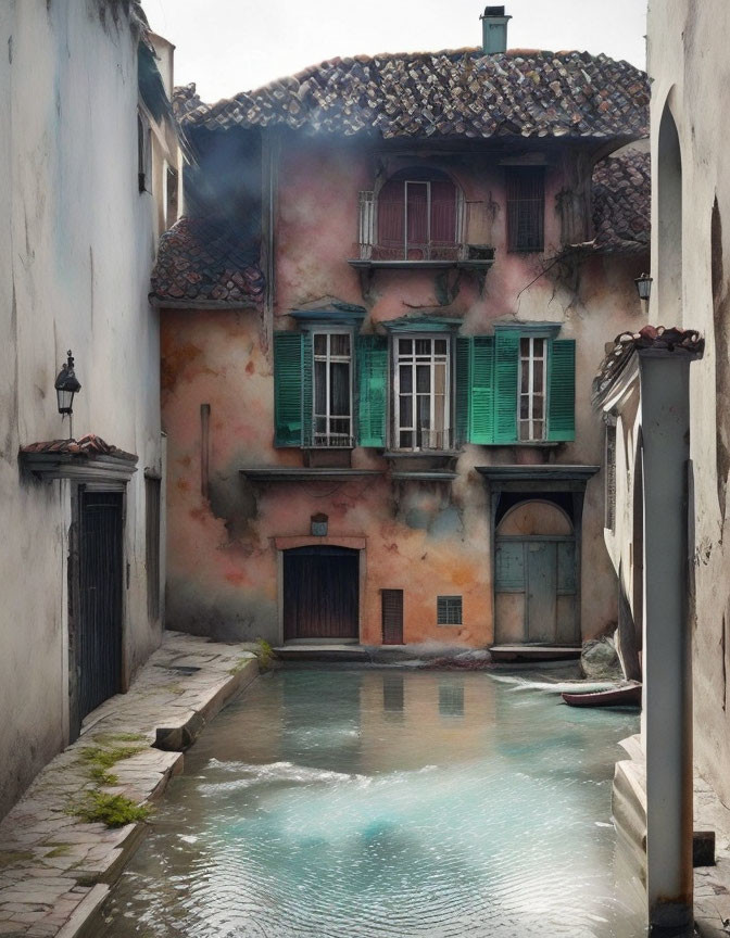 Weathered green shutters on old charming house by narrow canal