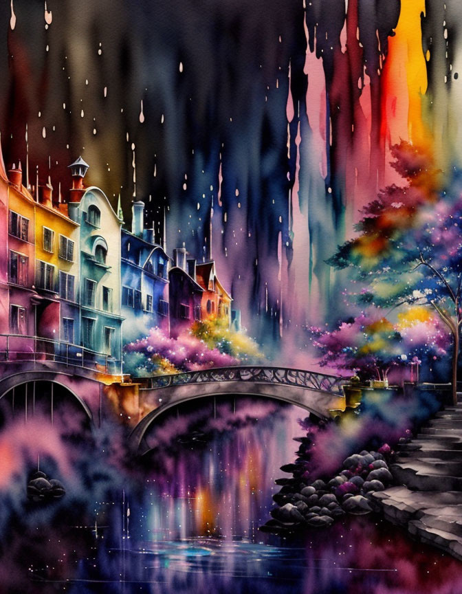 Colorful European Cityscape Watercolor Painting with River Bridge & Rainbow Sky