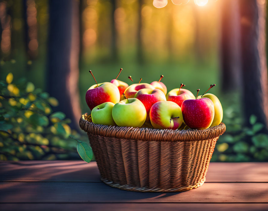 Fresh Apples in Basket on Wooden Table in Sunlit Forest