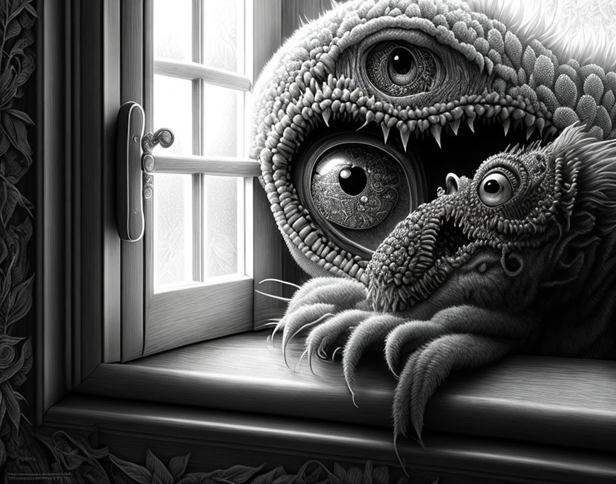 Monochrome artwork: Creature with textured skin & multiple eyes at window with leaf patterns