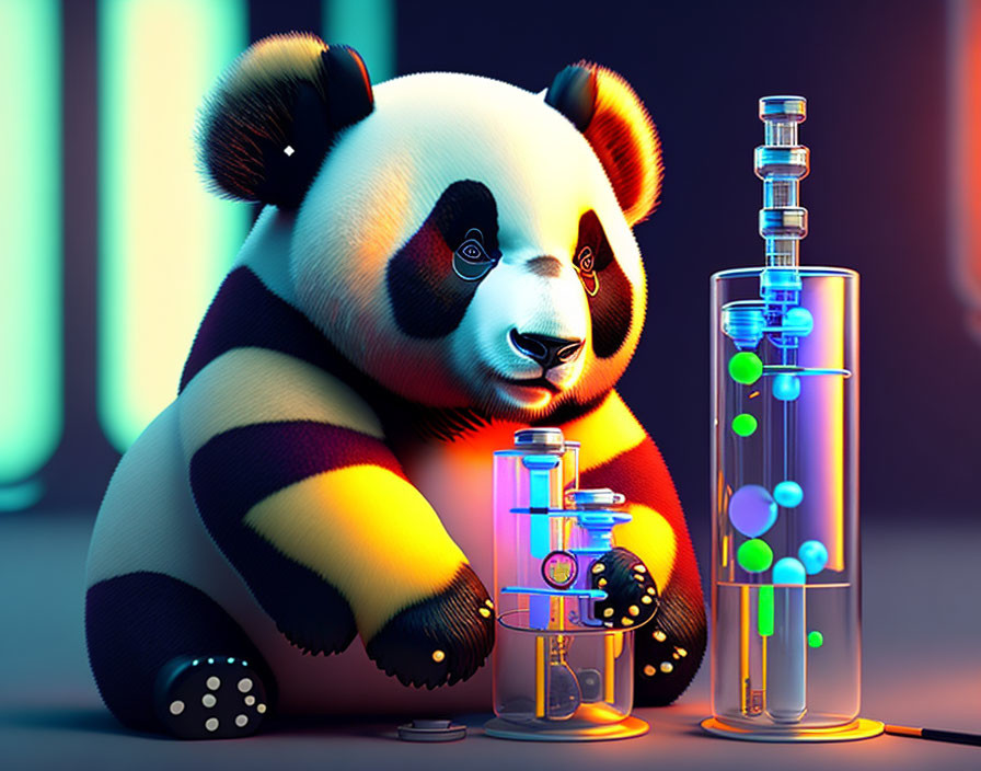 3D-rendered panda with colorful glassware and spheres in neon-lit room