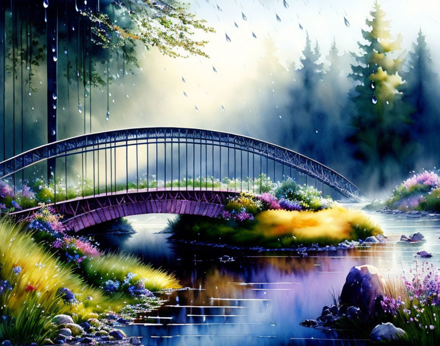 Tranquil river painting with bridge, vibrant flowers, rain shower, and sunlight