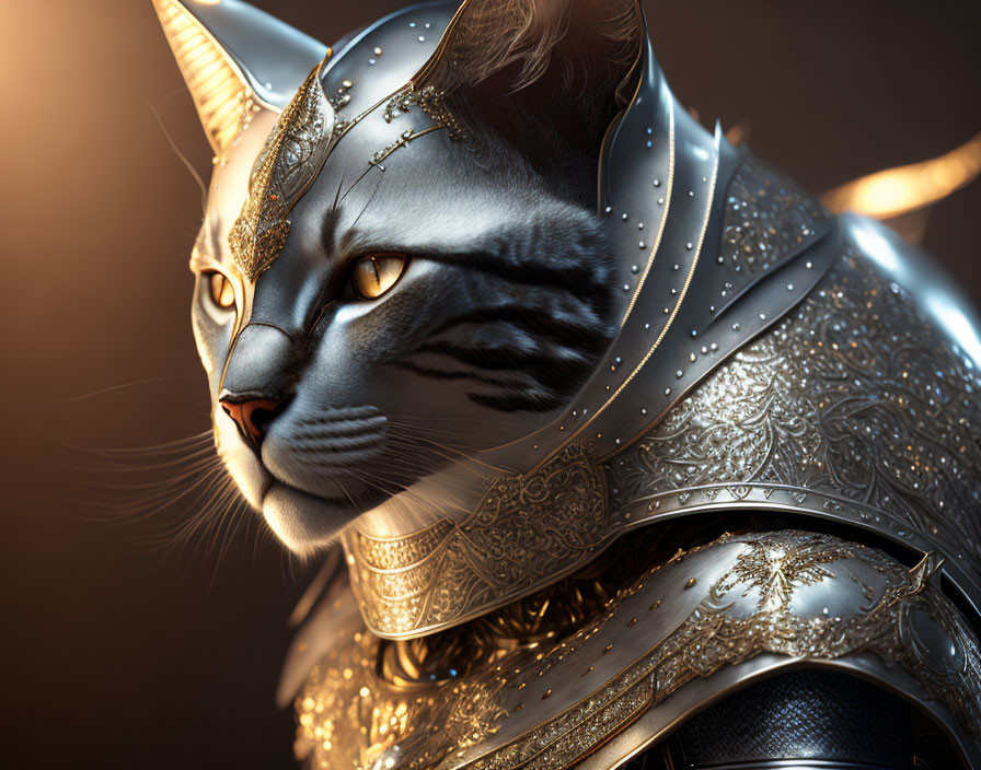 Intricate armor and helmet on cat in digital art