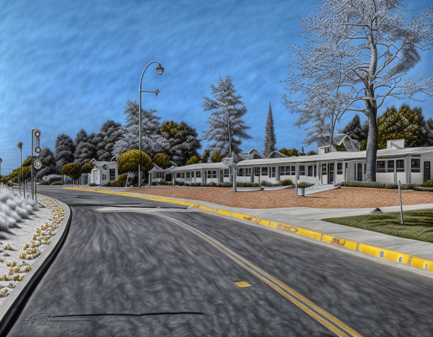 Serene suburban street digital painting with white building