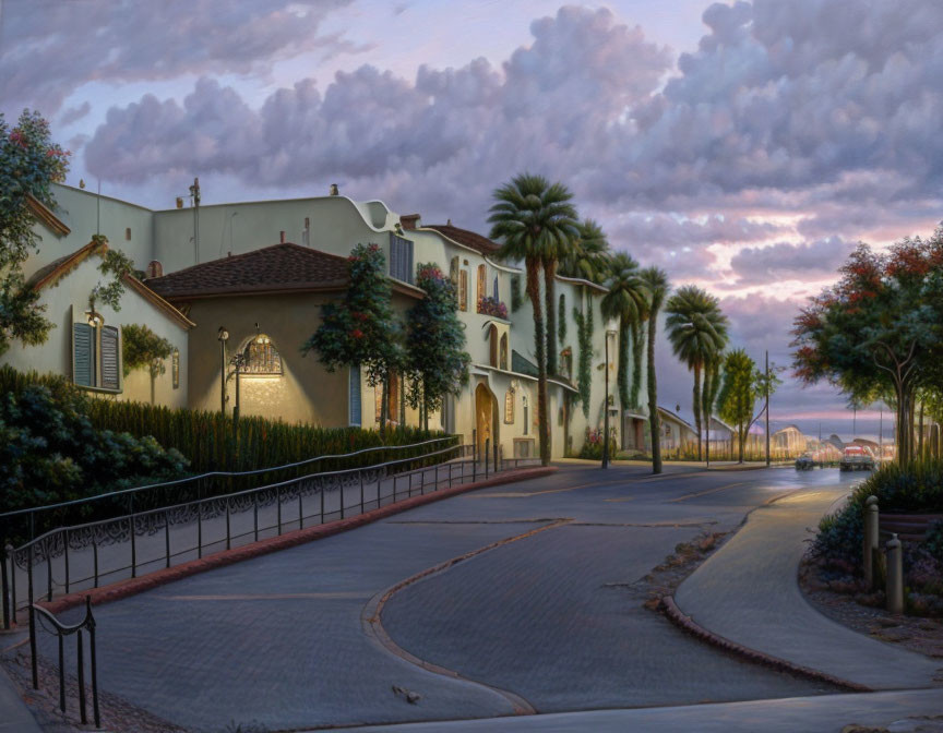 Mediterranean-style building at twilight with palm trees and dramatic sky