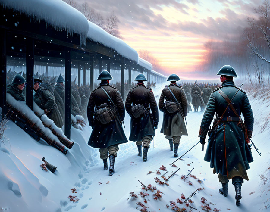 Historical soldiers and civilians by snow-covered train at twilight