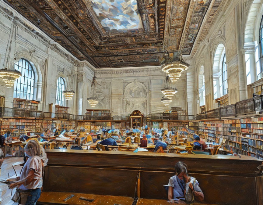 Ornate library with vaulted ceilings and frescoes, readers at wooden tables under grand chandel