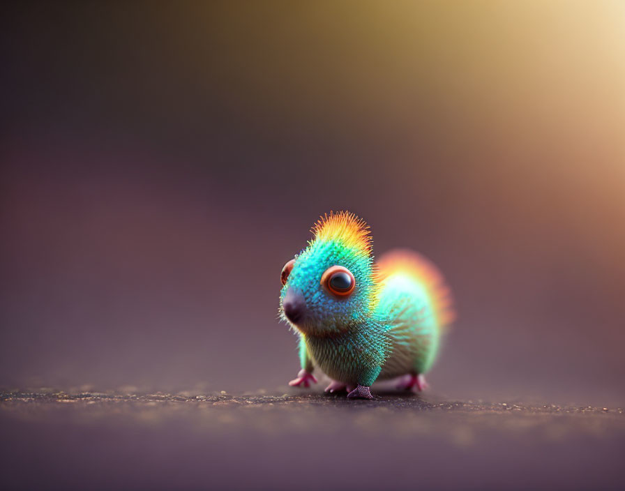 Colorful fluffy chameleon with blue eyes on purple to golden background