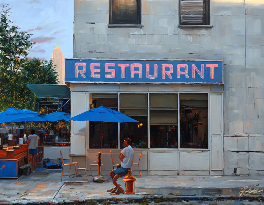 Tranquil street scene with man at restaurant during dusk or dawn