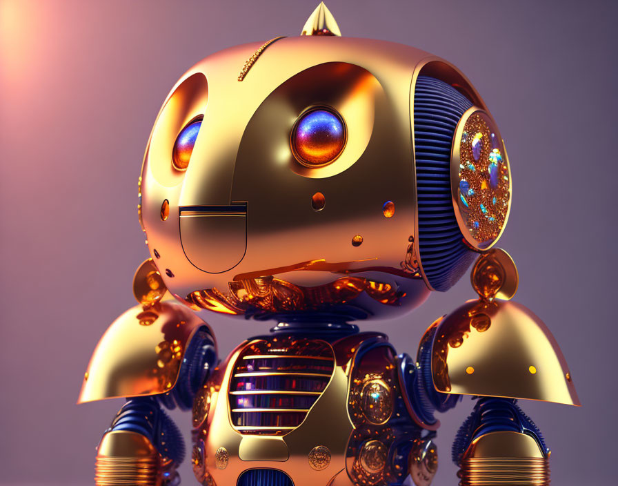 Golden futuristic robot with glowing blue eyes and ornate patterns