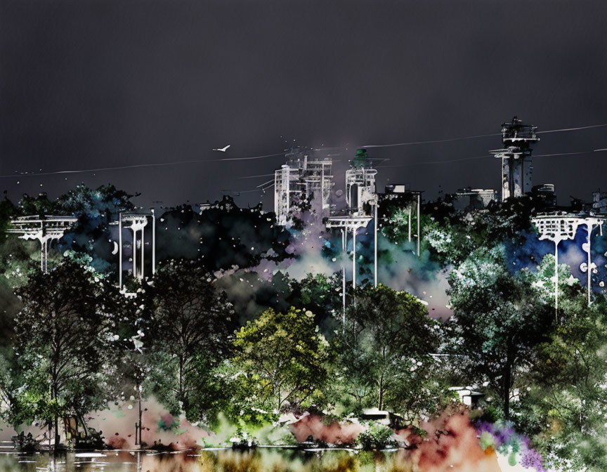 Cityscape with Cable Cars, Trees, and Colorful Misty Effects