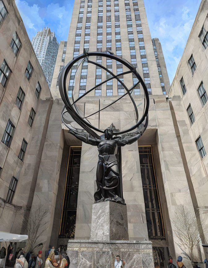 Bronze statue of Atlas holding celestial spheres in urban setting