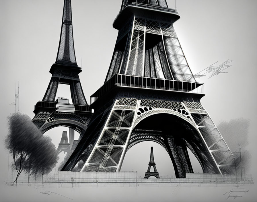 Monochromatic Eiffel Tower art with architectural blueprints