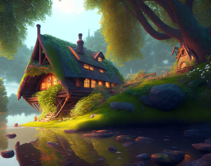 Thatched cottage by serene lake at dusk