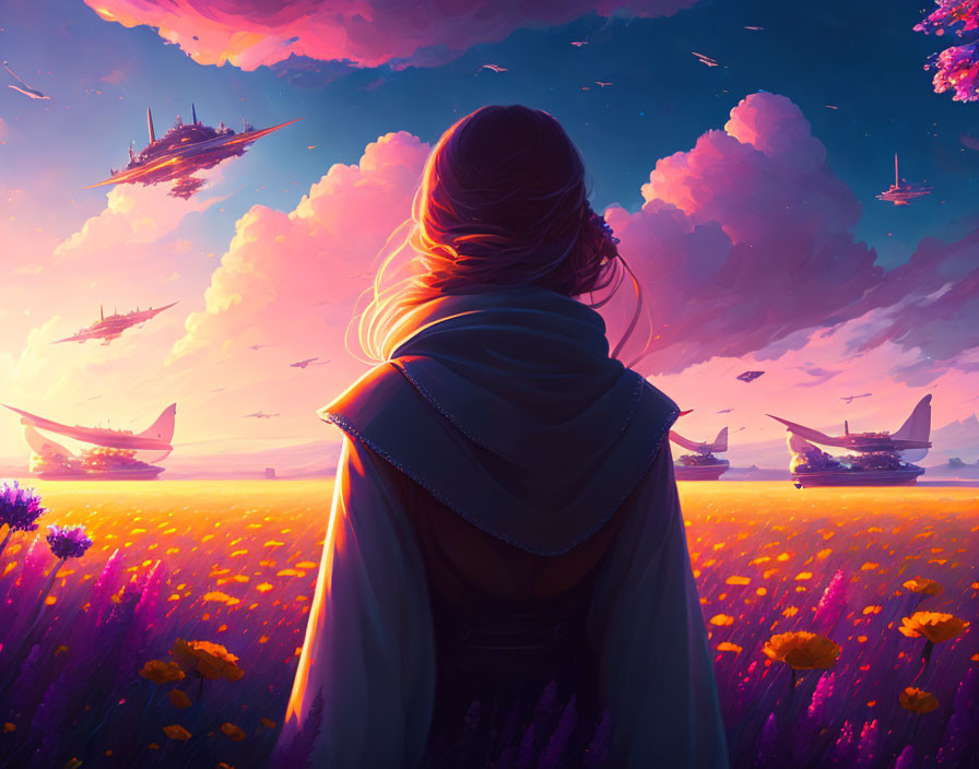 Cloaked figure in flower field under sky with floating ships at sunset