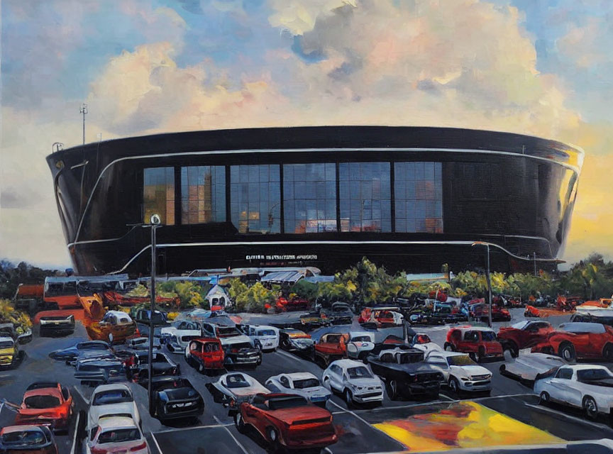 Modern stadium with glass facade at sunset and vibrant sky, bustling parking lot