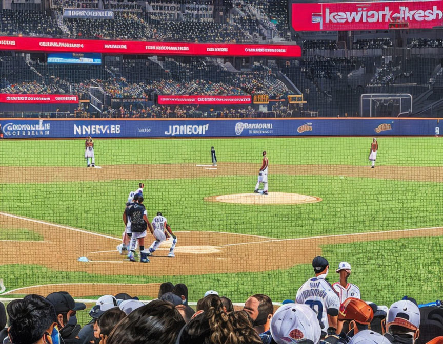 Nighttime baseball game with players at home plate and pitcher on mound