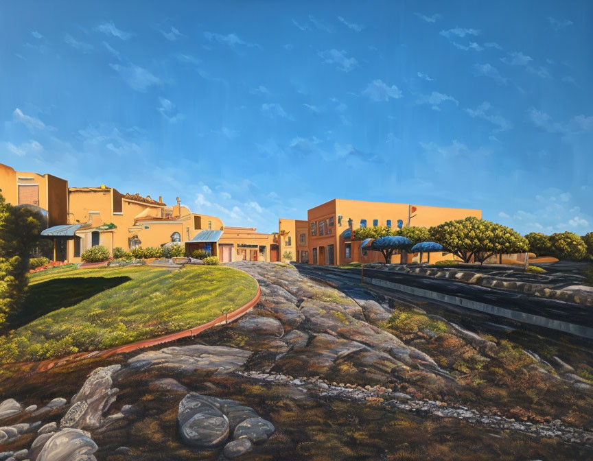 Cityscape with warm-toned buildings, blue umbrellas, greenery, and cobblestone path