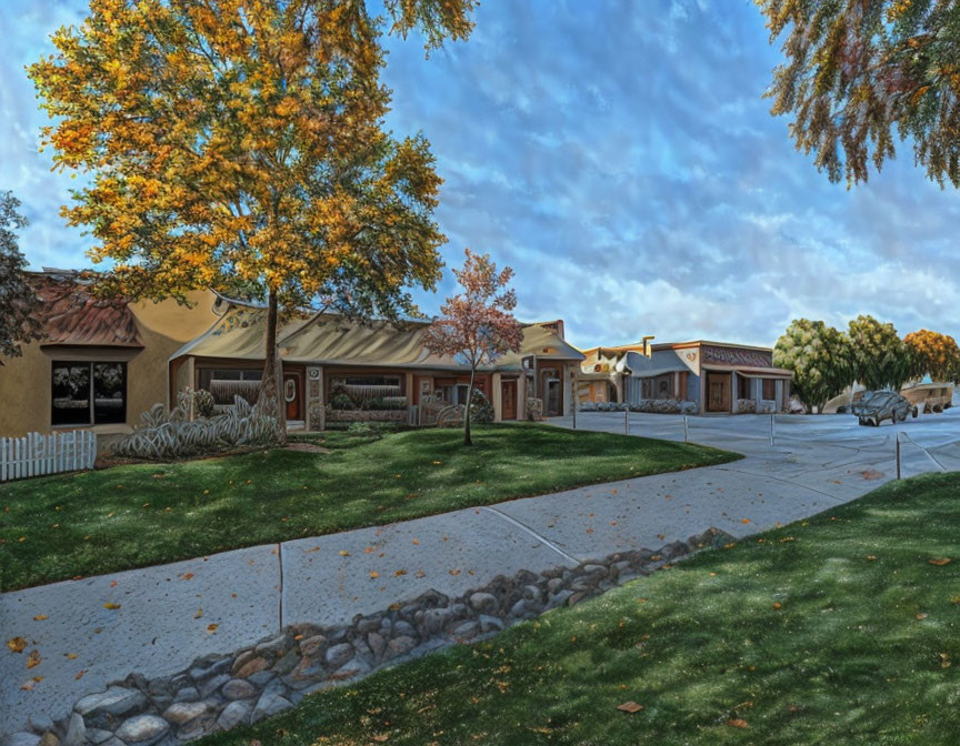 Tranquil suburban street with autumn trees and clear sky