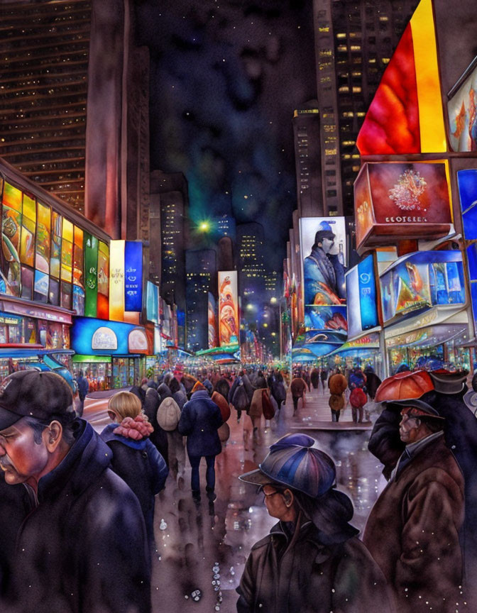 Vibrant urban street scene at night with crowds and city lights