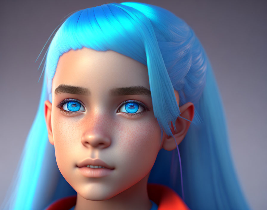 Vibrant blue-haired character with pointed ears and striking blue eyes