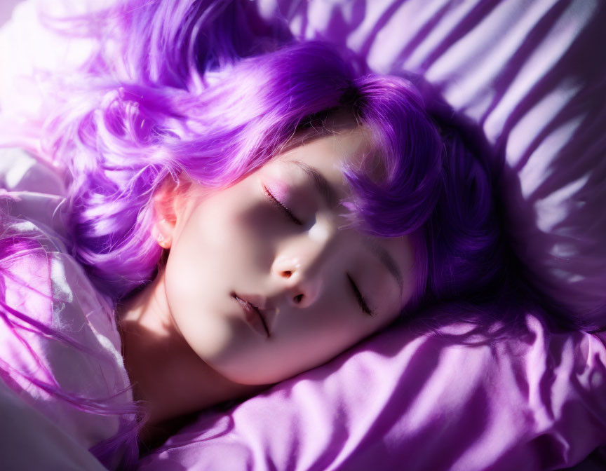 Vibrant purple hair person sleeping on pink pillow in soft light