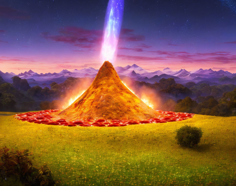 Fantasy scenery: Glowing volcano erupting in starry sky