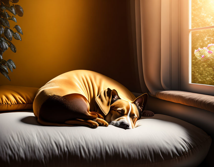 Brown Dog Sleeping on Cushion by Sunny Window with Plants: Warm, Golden Ambiance