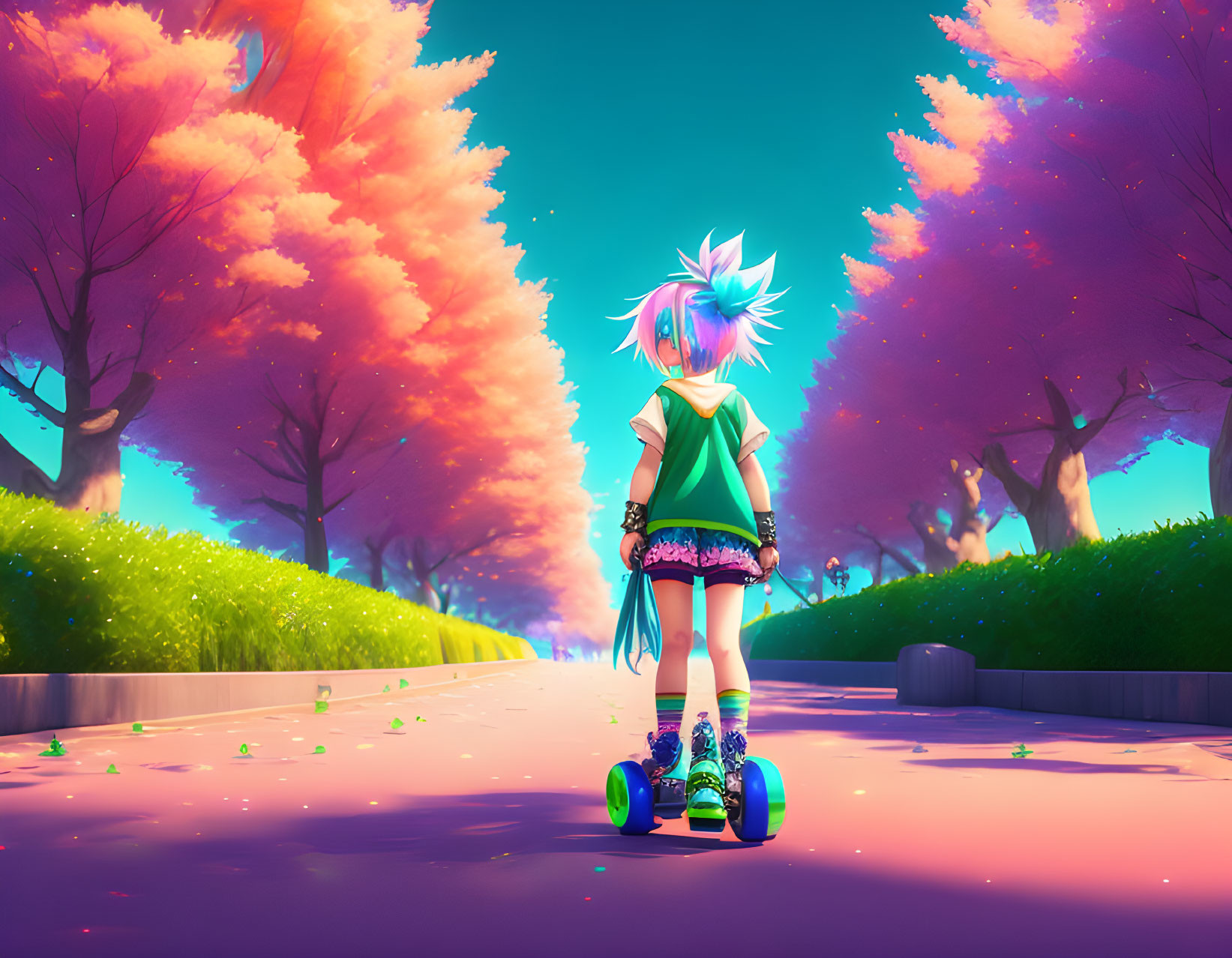 Girl with spiky hair skateboards in vibrant street with magenta trees under purple sky