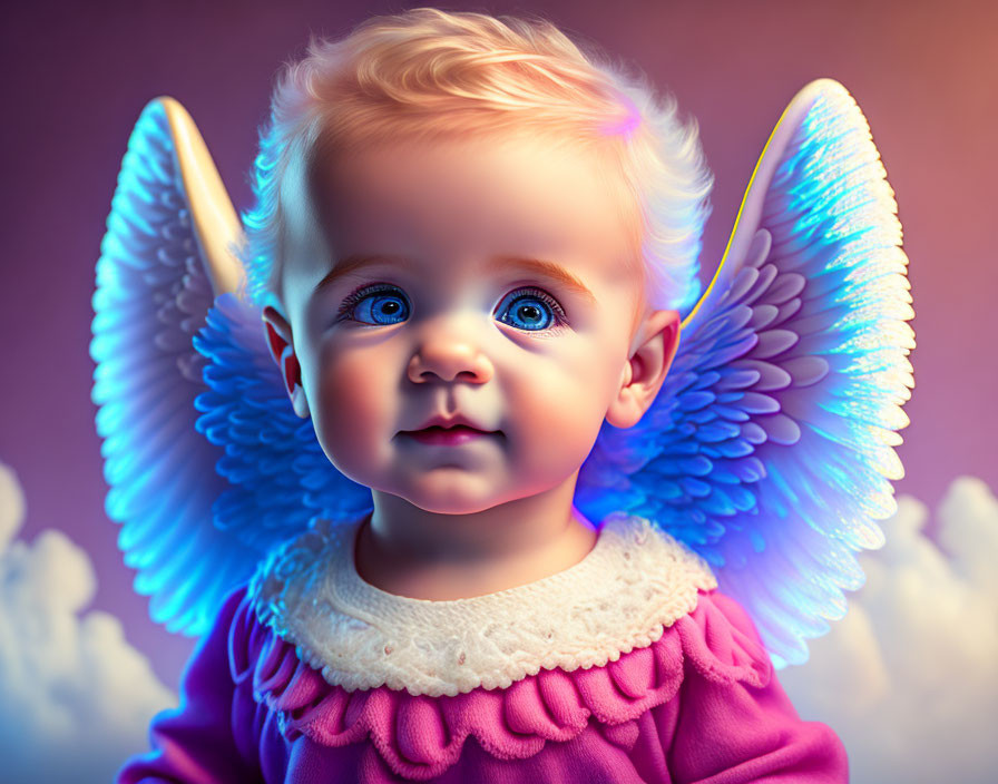 Blue-eyed baby with angel wings in dreamy setting