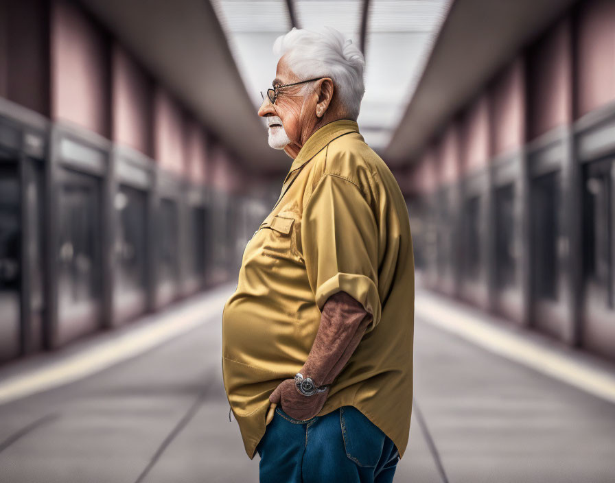 Elderly man with white hair and mustache in yellow shirt and blue jeans on train platform