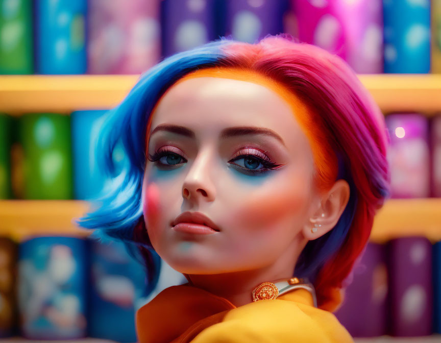 Vibrant blue and pink hair woman in front of colorful bookshelf