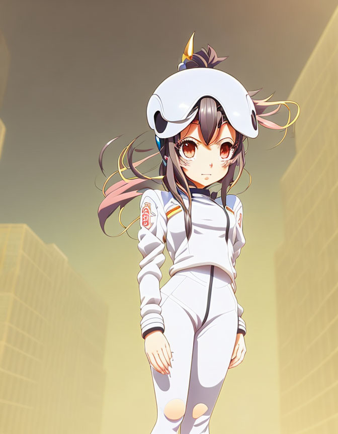 Whimsical anime-style girl in white costume with animal-like hood in cityscape.