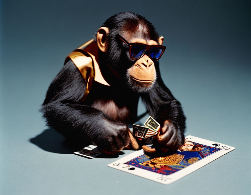 Chimpanzee in Sunglasses with Cards on Blue Surface