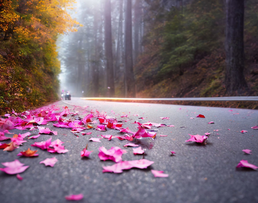 Misty autumn road with pink leaves and distant vehicle lights