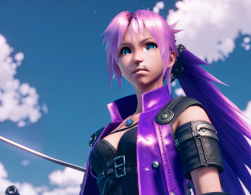 Pink-haired anime-style character in purple outfit under blue sky