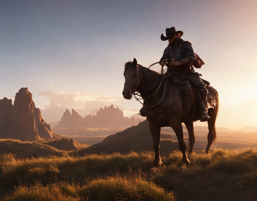 Cowboy riding horse in desert sunset with rocky formations.