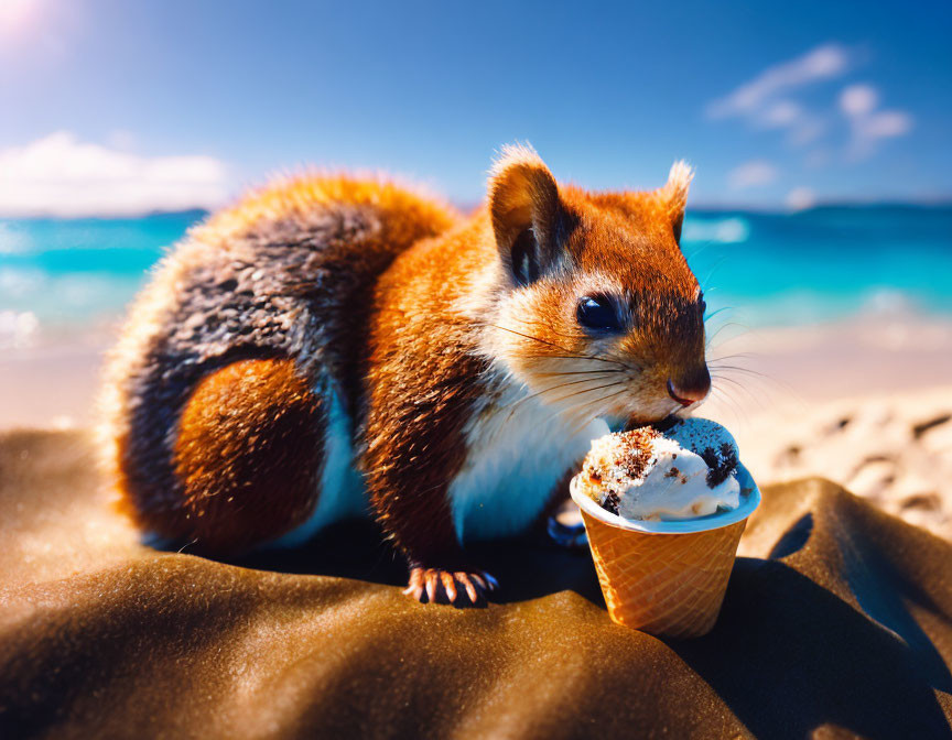 Brown squirrel with vanilla ice cream on beach with blue sky