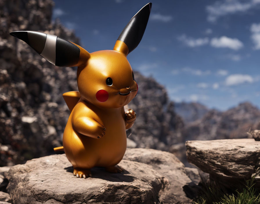 Golden Pikachu 3D Rendering on Rocky Terrain