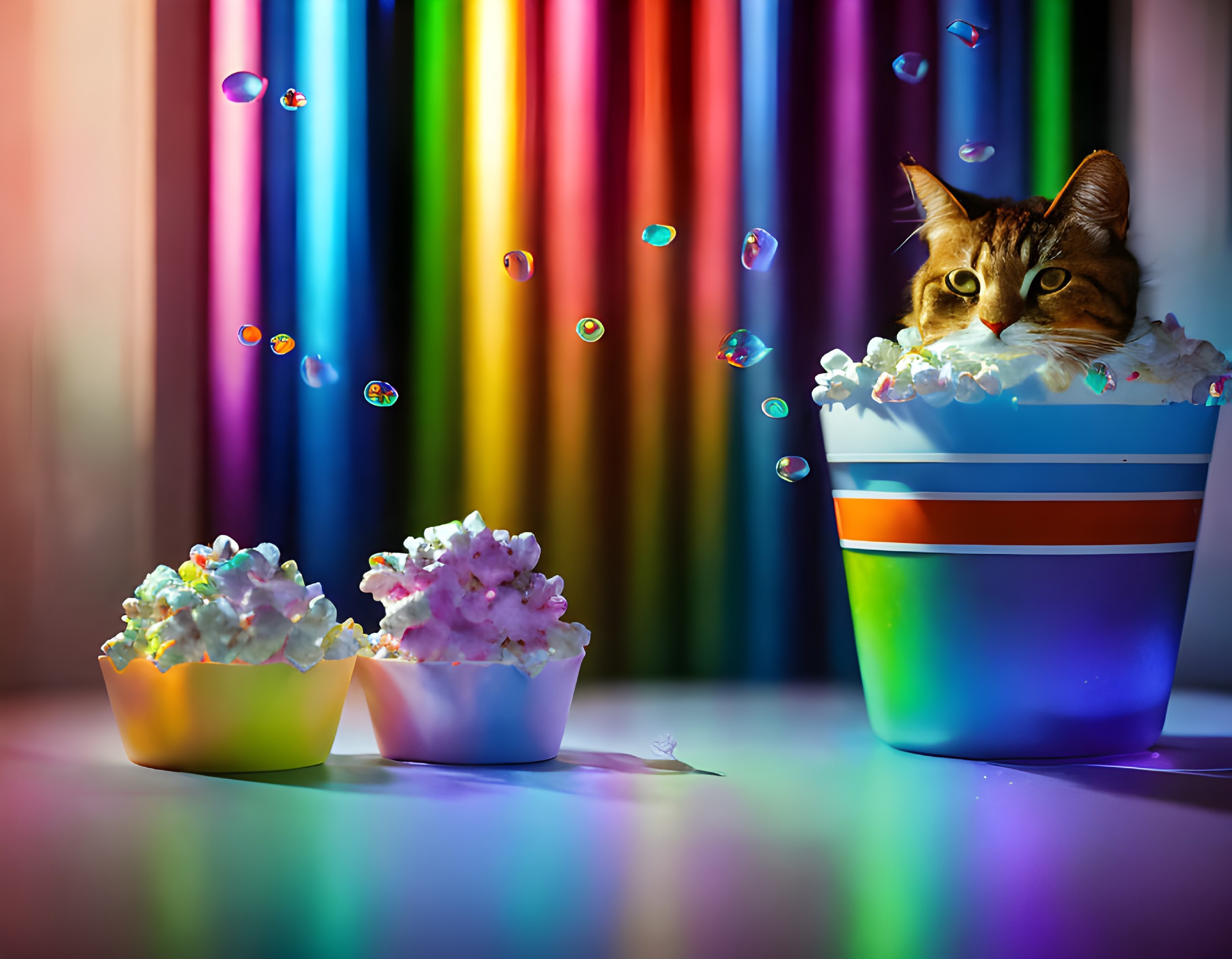 Cat peeking from large popcorn bucket with smaller bowls and soap bubbles on colorful background