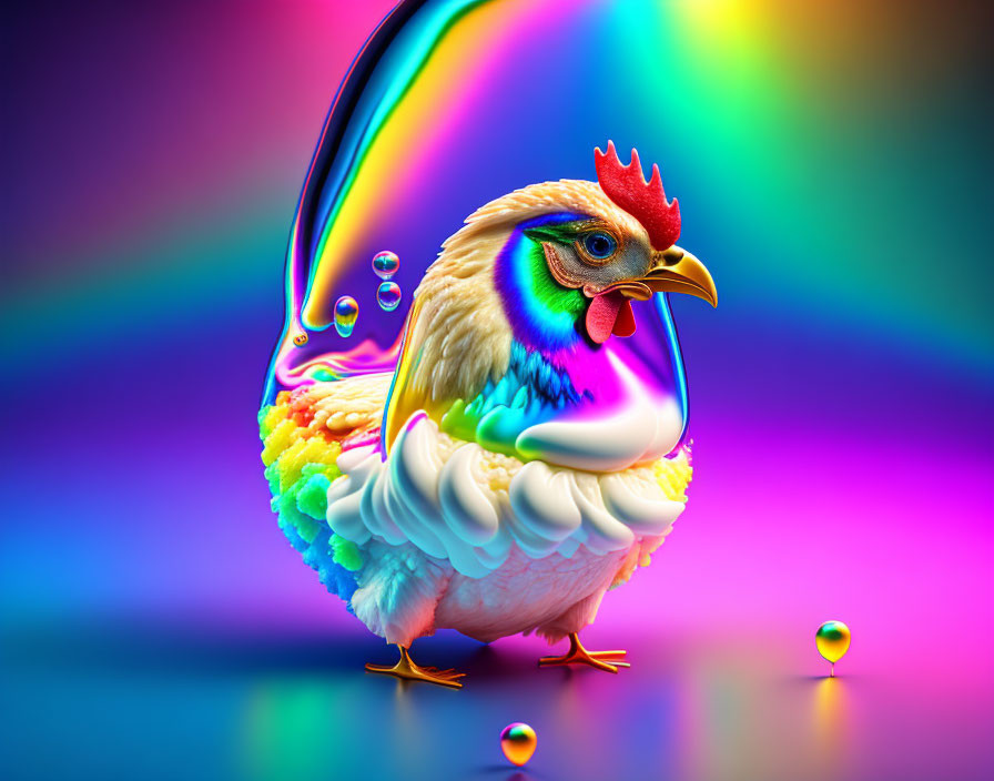 Colorful Rooster with Rainbow Tail on Gradient Background