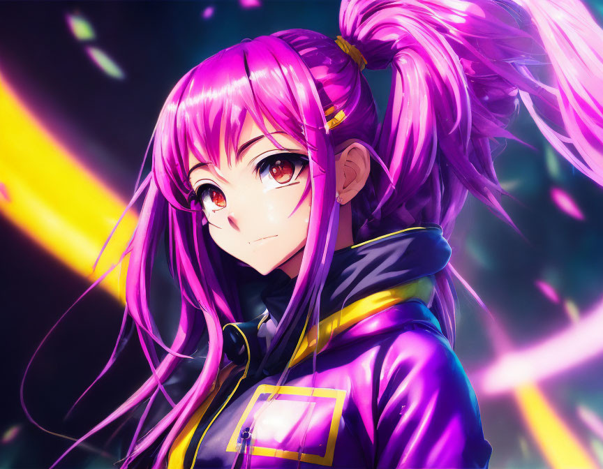 Colorful Illustration: Girl with Purple Hair & Golden Eyes in Futuristic Jacket