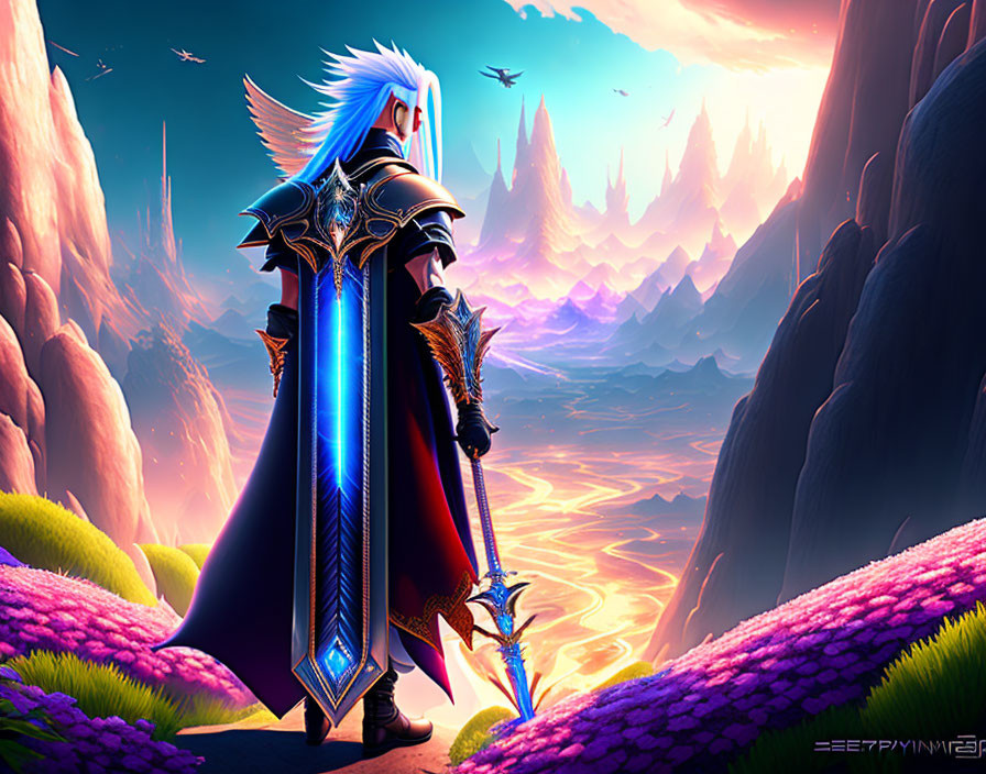 White-Haired Warrior with Glowing Sword in Fantasy Valley