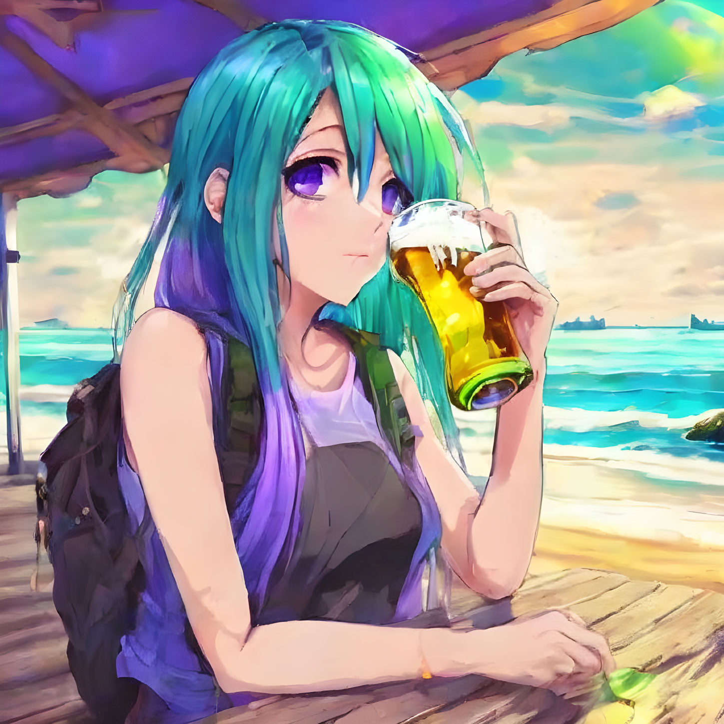 Green-haired animated character drinking beer at beach bar with backpack under sunny sky