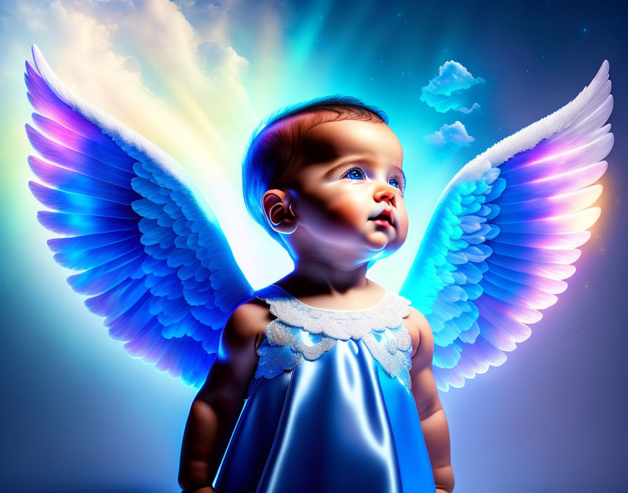 Blue angel wings baby against sky-blue backdrop with clouds and radiant light.