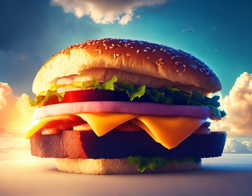 Cheeseburger with lettuce, tomato, cheese, and onions under sunset sky