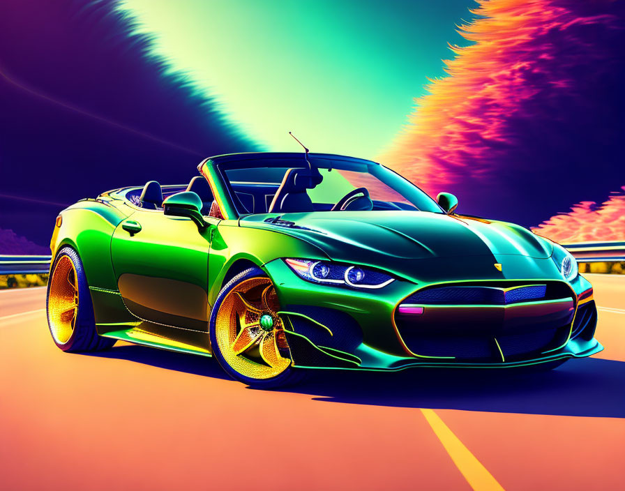 Green Sports Convertible with Golden Rims on Psychedelic Sky